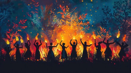 Silhouettes dancing around a bonfire with vibrant flames and colorful background, celebrating in a mystical, festive atmosphere