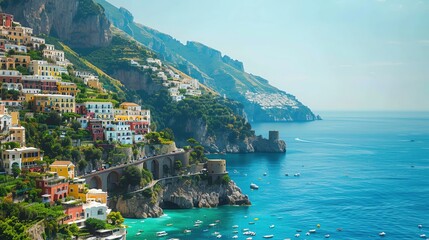 Fototapeta premium A picturesque view of the Amalfi Coast in Italy, capturing the colorful houses perched on the cliffs with the turquoise sea below, with ample copy space, no text,