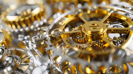 A complex array of interlocking golden and silver gears showcases intricate engineering and precision.