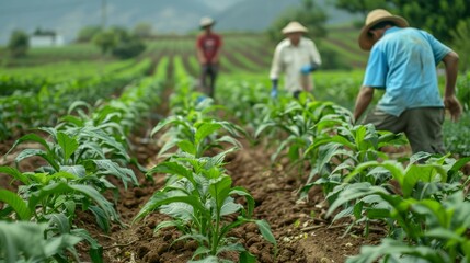 Farmers Working in a Field of Green Crops