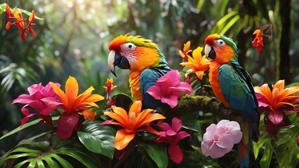 Parrots Perched on Flowering Tree in the Tropics