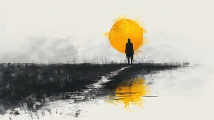stick figure walking into distance with sun at the end, concept of getting lost - wallpaper background for presentations with copy space