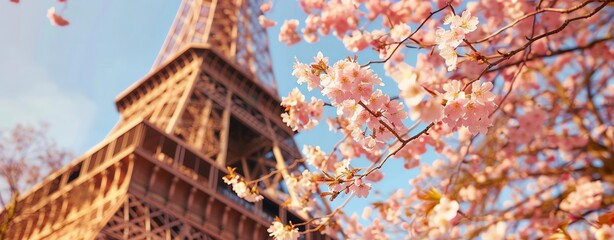 A close-up of the Eiffel Tower in Paris, France, framed by blooming cherry blossoms, highlighting the intricate ironwork, with ample copy space, no text,