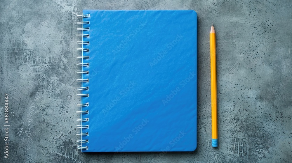 Poster top down view of open blue notebook and pencil on grey backdrop spiral bound school and office noteb
