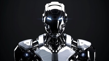 Metallic Futuristic Robot Bust with Glowing Lenses on Dark Studio Background, 3D Illustration