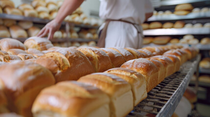 Rows of freshly baked bread loaves neatly aligned on cooling racks in a bakery, with a baker reaching for one in the background, capturing the essence of fresh produce.