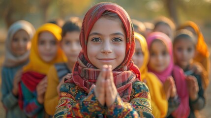 Fototapeta premium A dedicated teacher and diverse children, hands joined, radiate love and unity in a heartwarming moment