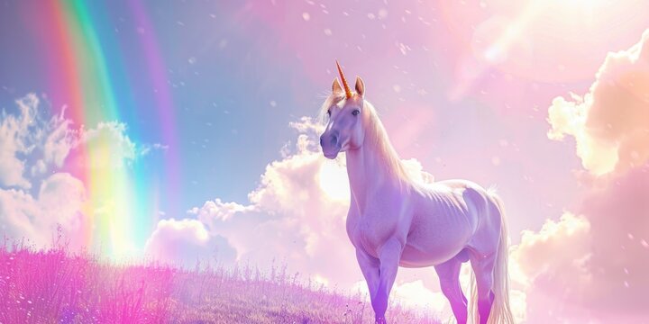 Unicorn in a field with rainbow