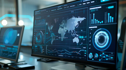 Fototapeta premium High-tech control room with glowing digital monitors displaying world maps and data charts, creating an atmosphere of precision and innovation.