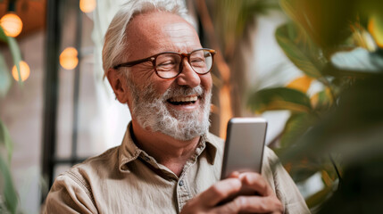 A bearded elderly man with a joyful expression engages with his smartphone, framed by indoor plants and warm ambient lighting.