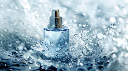 A close-up of a perfume bottle splashing in water, surrounded by sparkling droplets, highlighting the elegance and freshness of the scent.