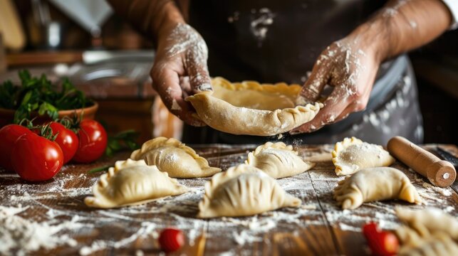 Cook making pasties with dough on wooden background Empty area