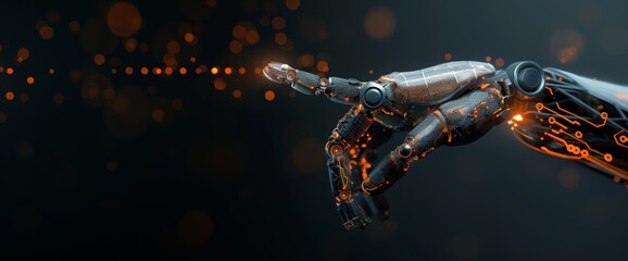 Futuristic Robotic Hand with Glowing Particles in a High-Tech Innovation Setting