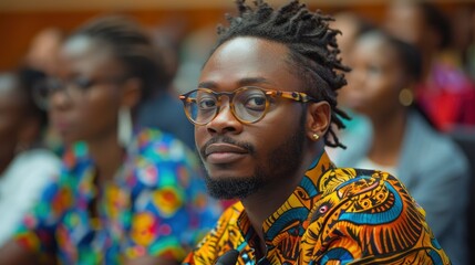 Fototapeta premium A diverse group of people, eager and engaged, attend a vibrant startup business course