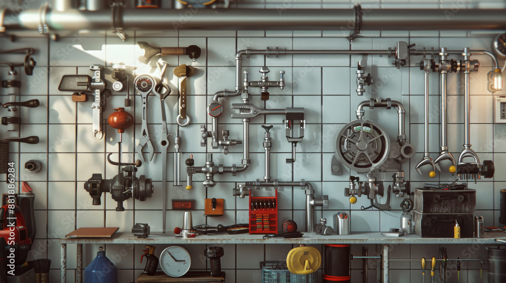 Wall mural industrial workshop with an extensive array of tools and equipment neatly organized on a wall, exudi