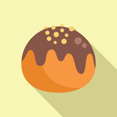Round bun covered with chocolate glaze is being decorated with pastry sprinkles, bakery product for menu or recipe book