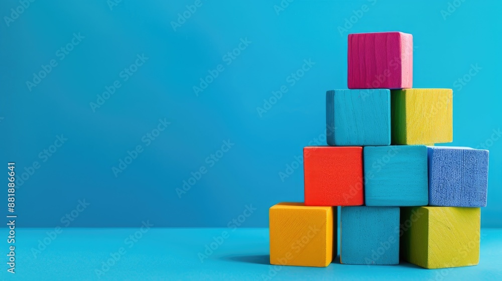 Poster colorful geometric cube toy on blue background with copy space abstract pattern design by shape and 