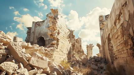 In the glow of morning light, ancient stone ruins stand proudly against a backdrop of billowing clouds and azure sky.