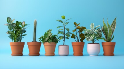 Fototapeta premium Vibrant Collection of Potted Indoor Plants Against a Blue Background