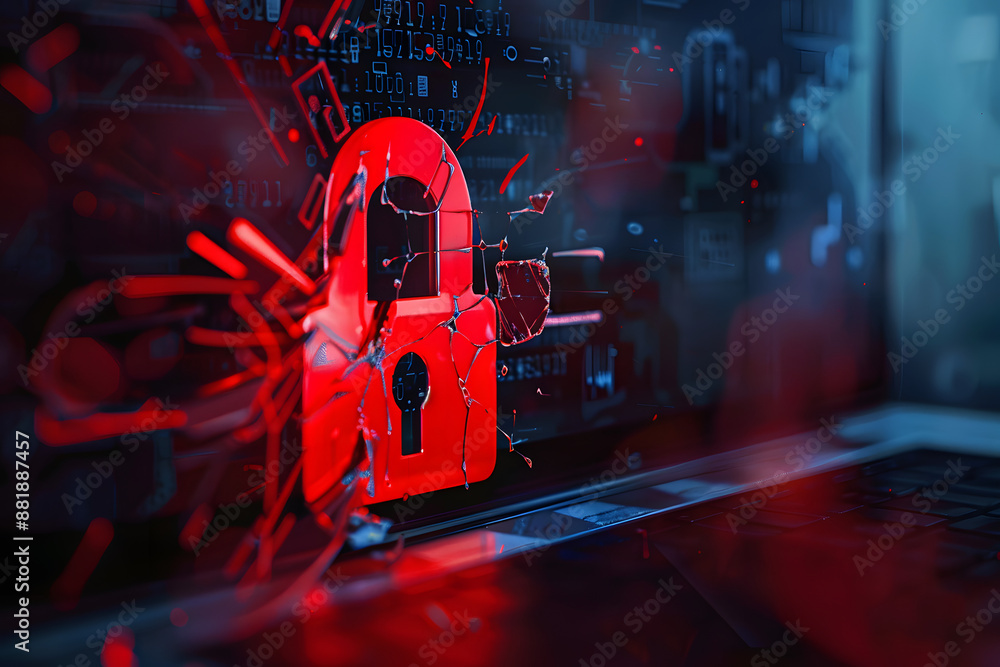 Poster hacker attack. security breach, system hacked, internet cyber attack alert with red broken padlock, 