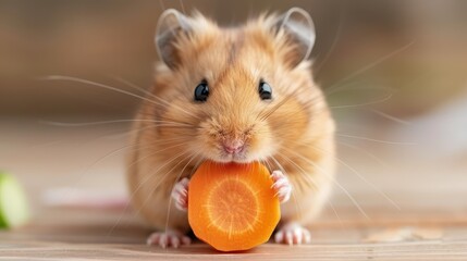 An adorable hamster holds and eats a slice of carrot, providing a charming and delightful moment. The image showcases the hamster's fluffy fur, expressive eyes, and tiny paws.