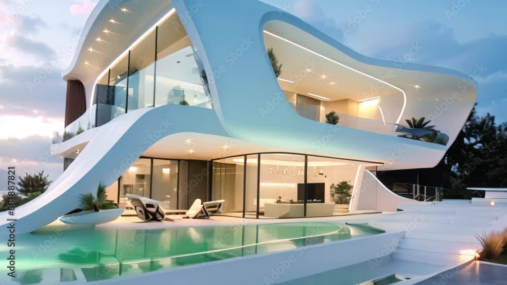 Poster a modern white building stands tall with a pool in front of it, modern architecture reaching new hei