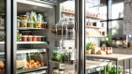 Fototapeta premium A close-up shot of a stocked fridge filled with fresh produce, jarred goods, and beverages in a warm, homey kitchen setting.