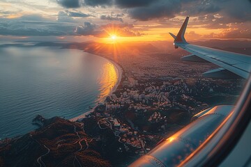 view from an airplane window, tropical touristic destination, islands, ocean and the sea along a beach