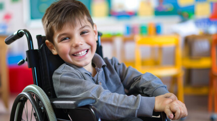 A joyful young boy in a wheelchair smiling brightly in a colorful classroom, radiating happiness and a sense of belonging amidst vibrant educational surroundings.