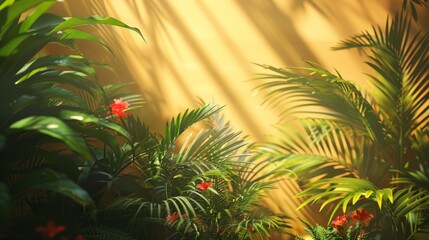 Obraz premium Lush Tropical Foliage with Sun-Drenched Golden Background