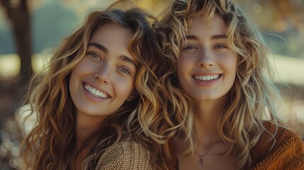 Fototapeta premium Diverse female companions, laughing and smiling, capture joyful moments together in a lush, green park