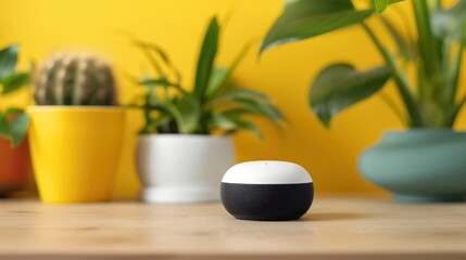 A black and white smart home device sits on a wooden table with colorful plant pots and green foliage, emphasizing a bright and technology-enhanced living space.