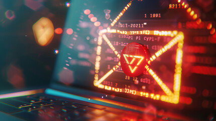Bright digital graphics display a warning on a laptop screen, highlighting cybersecurity threats in a colorful yet concerning modern tech context.