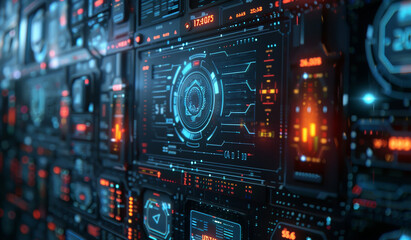 Fototapeta premium Futuristic interface with glowing blue and red displays. Generative AI