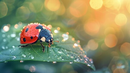 Naklejka premium Vibrant Ladybug Resting on Dew-Kissed Leaf in Sunny Bokeh Dreamscape