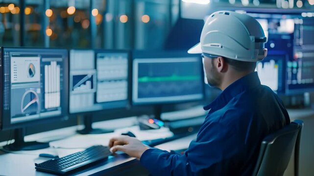 A man wearing a hard hat is seated at a computer desk, monitoring and analyzing energy output data, Monitor and analyze energy output data to ensure system is functioning at peak performance