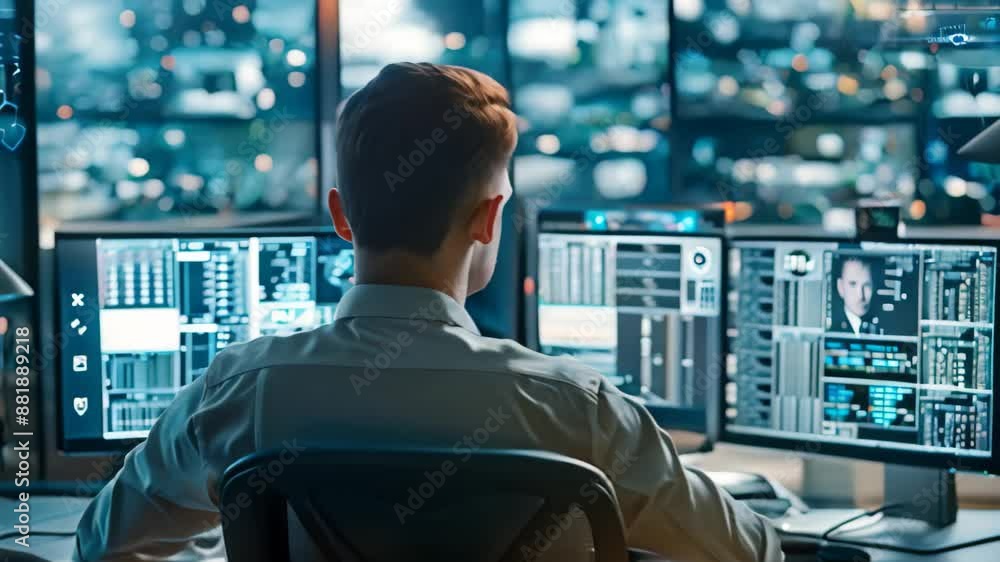 Poster a man sitting at a desk, monitoring network activity on two computer monitors, monitoring network ac