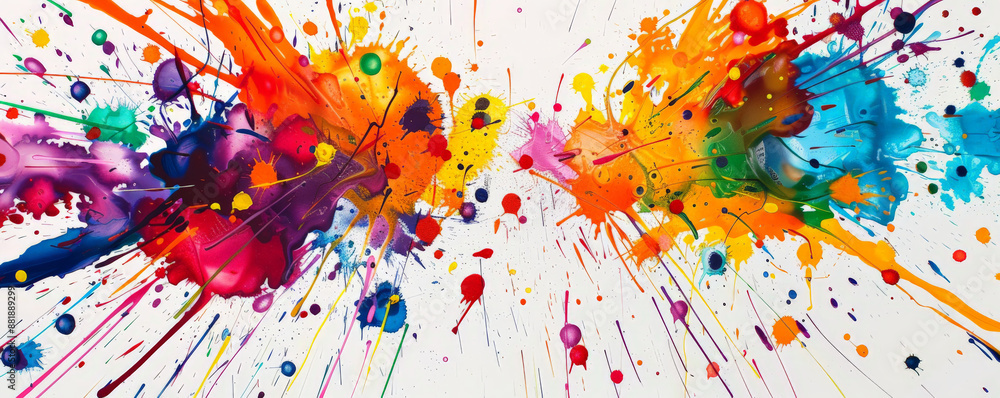 Poster a vivid backdrop with a bold, colorful explosion of paint splatters and drips, creating an energetic
