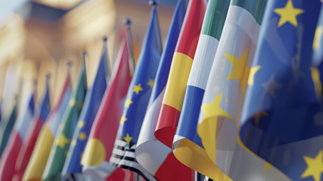 A row of flags from various countries waving in the wind, representing international unity and celebration.