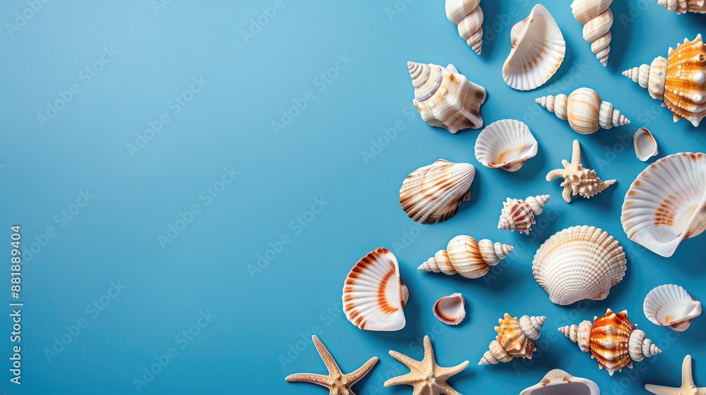 Poster seashells arrangement on blue backdrop with space for text