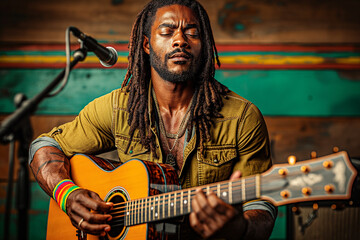 A reggae music artist with dreadlocks wearing green, yellow and red playing an acoustic guitar, magical atmosphere of musical creation.
