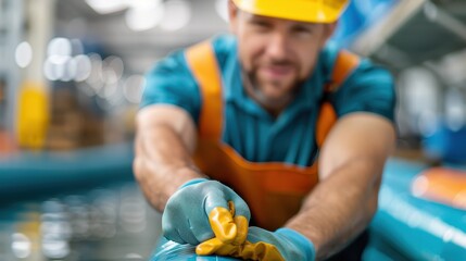 A focused worker in safety gear, including a helmet and gloves, is handling a yellow object at a jobsite, emphasizing safety, precision, and dedication to his task.
