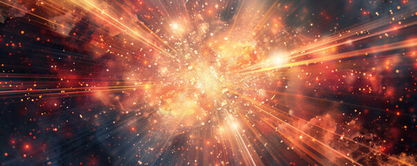 Obraz premium A powerful energetic background with radiant beams of light and glowing particles exploding from a central point, creating a sense of power.