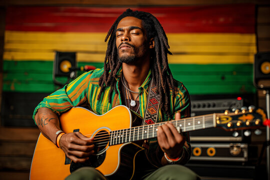 A reggae music artist with dreadlocks wearing green, yellow and red playing an acoustic guitar, magical atmosphere of musical creation.