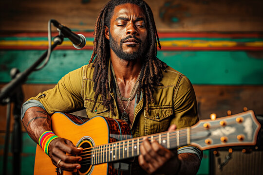 A reggae music artist with dreadlocks wearing green, yellow and red playing an acoustic guitar, magical atmosphere of musical creation.