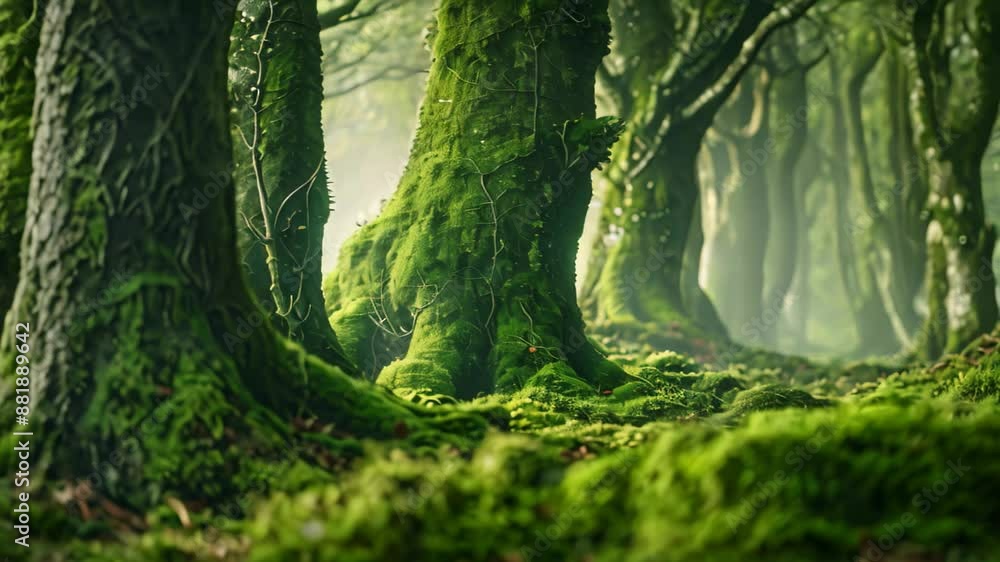 Poster dense group of trees covered in moss in a lush forest setting, moss clinging to tree trunks and bran