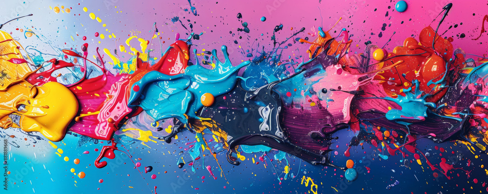 Poster a vivid backdrop with a dynamic explosion of colorful paint splatters and drips, creating an energet