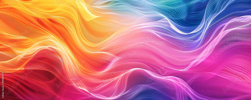 Poster a vivid backdrop showcasing a spectrum of neon colors in swirling, wave-like patterns, creating an e