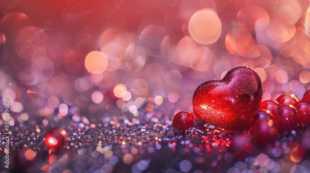 Poster romantic backdrop heart shaped red beads amidst glitter and bokeh