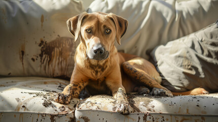 A dog with a guilty expression sits on a dirt-stained couch, likely after a playful, messy adventure, making the scene both humorous and endearing.